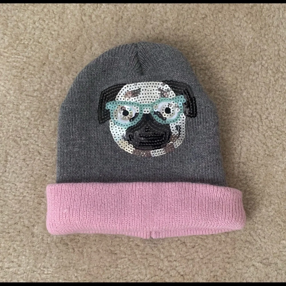 Pink and Grey Knit Beanie With Sequin French Bulldog Like New